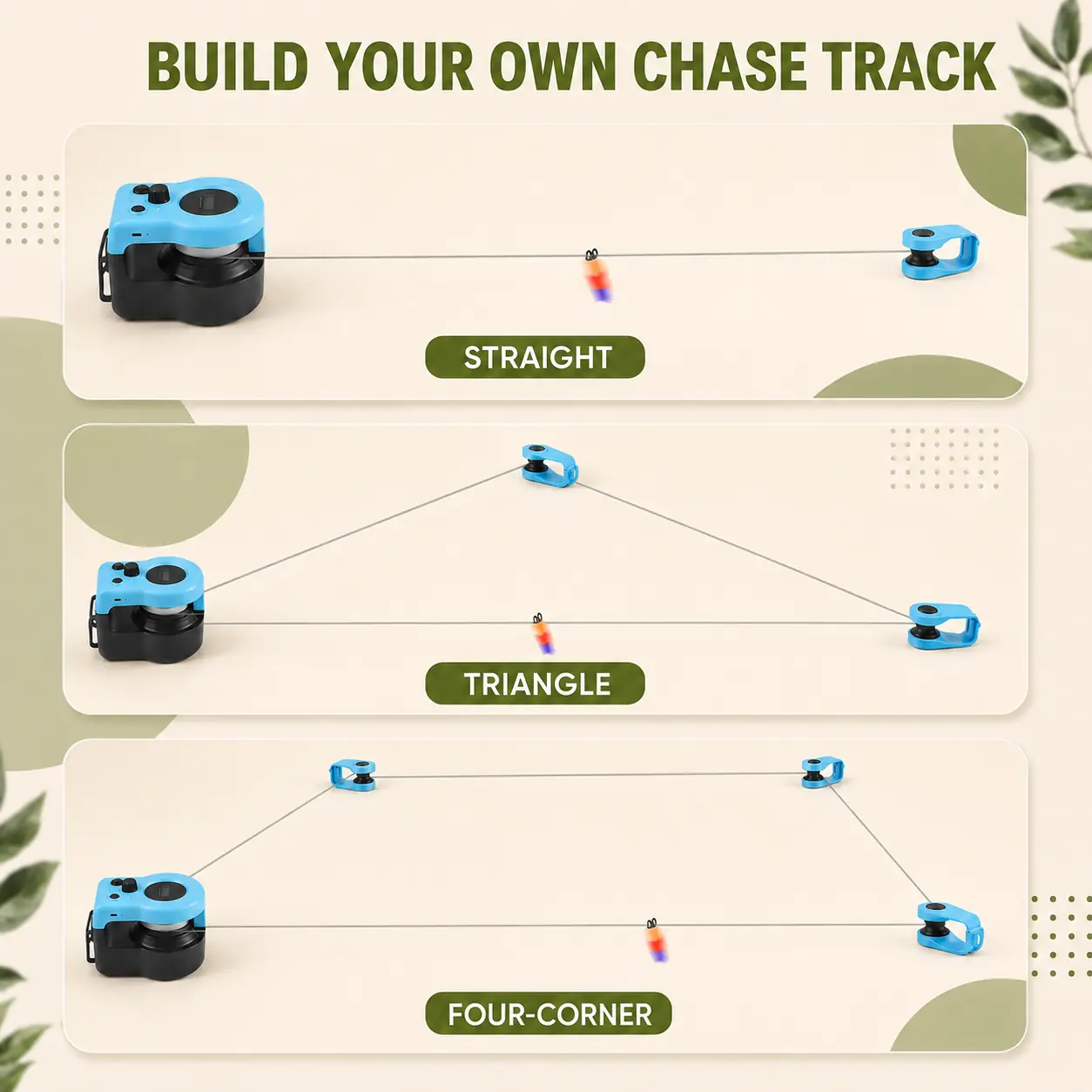 Straight, triangle and four-corner cat chase track layouts