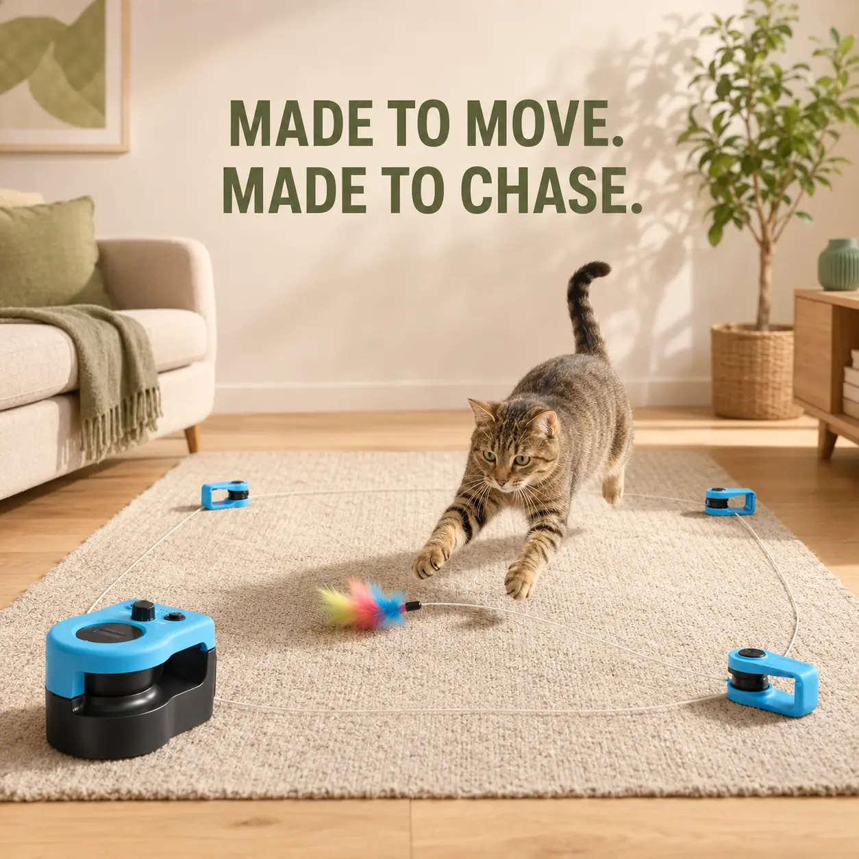 Happy cat chasing the moving teaser around the Pethic cat chase track