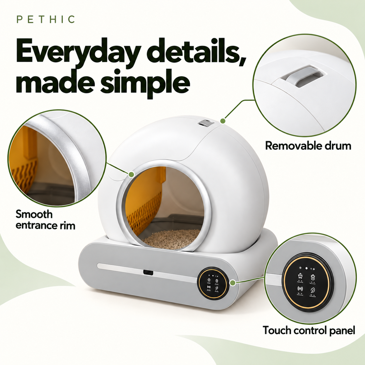Smart cat litter box measuring 55 by 54 by 53 cm